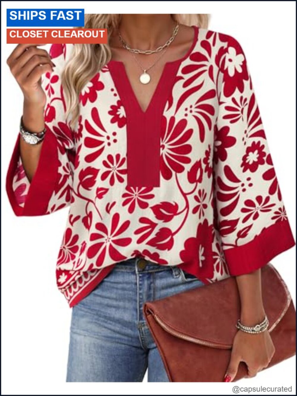 Women's 3/4 Sleeve V-Neck Floral Tunic Blouse Chiffon Loose Fit Dressy Casual